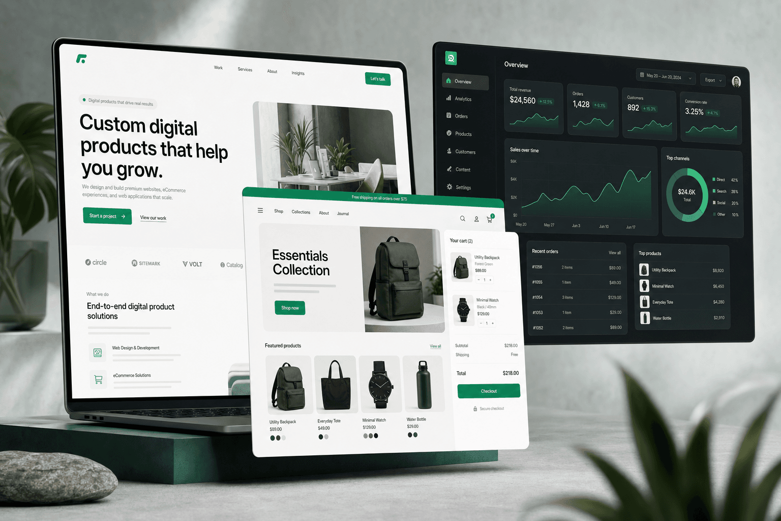 Collage visual de landing, ecommerce y plataforma de software